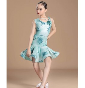 Girls green flowers ballroom latin dance dresses party modern salsa ballroom latin dance wear stage performance clothing for kids